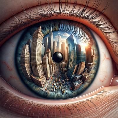 The primary subject of the image is a close-up of an eye, showcasing a cityscape as the background. The visual style appears to be a combination of photo and digital art, creating a unique and intriguing perspective. The colors and mood of the image are vibrant and lively, with the cityscape providing a sense of energy and excitement.